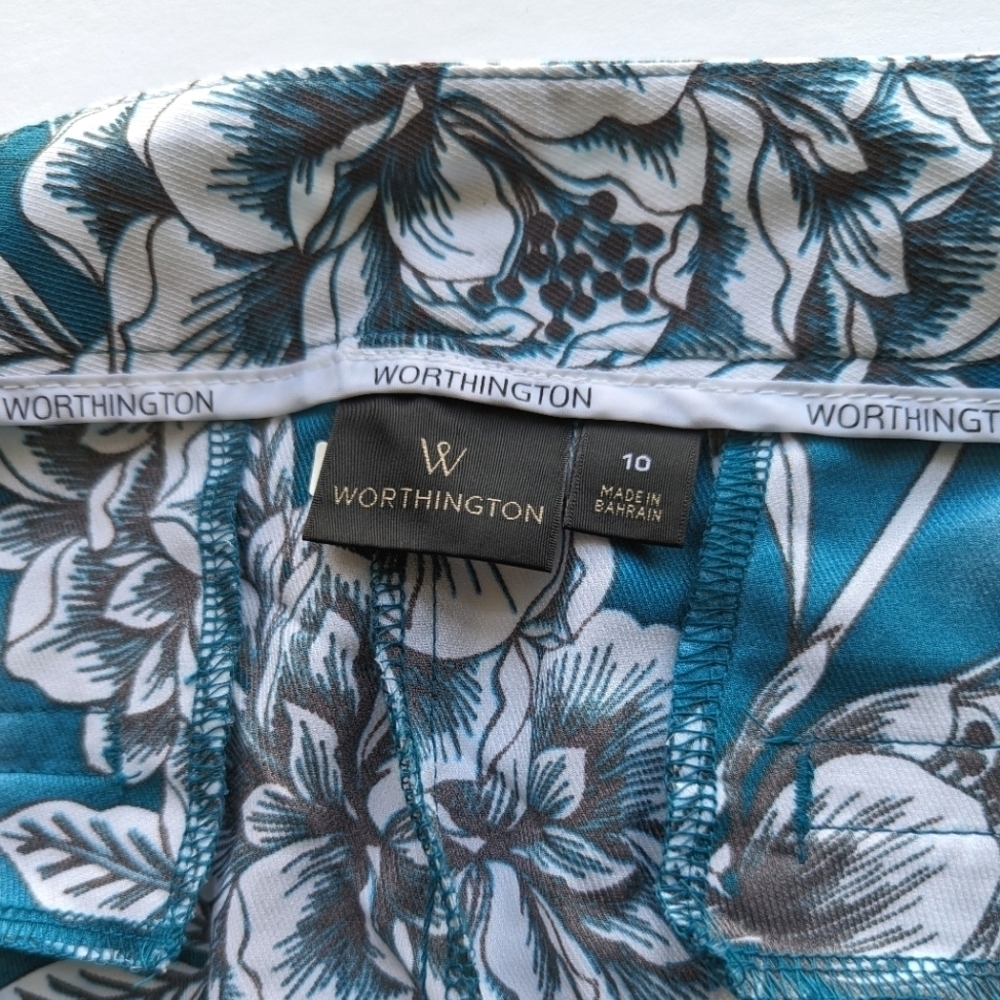 Worthington Floral Palazzo Pants Zip Front Pockets Teal White Abstract Floral - Picture 4 of 8